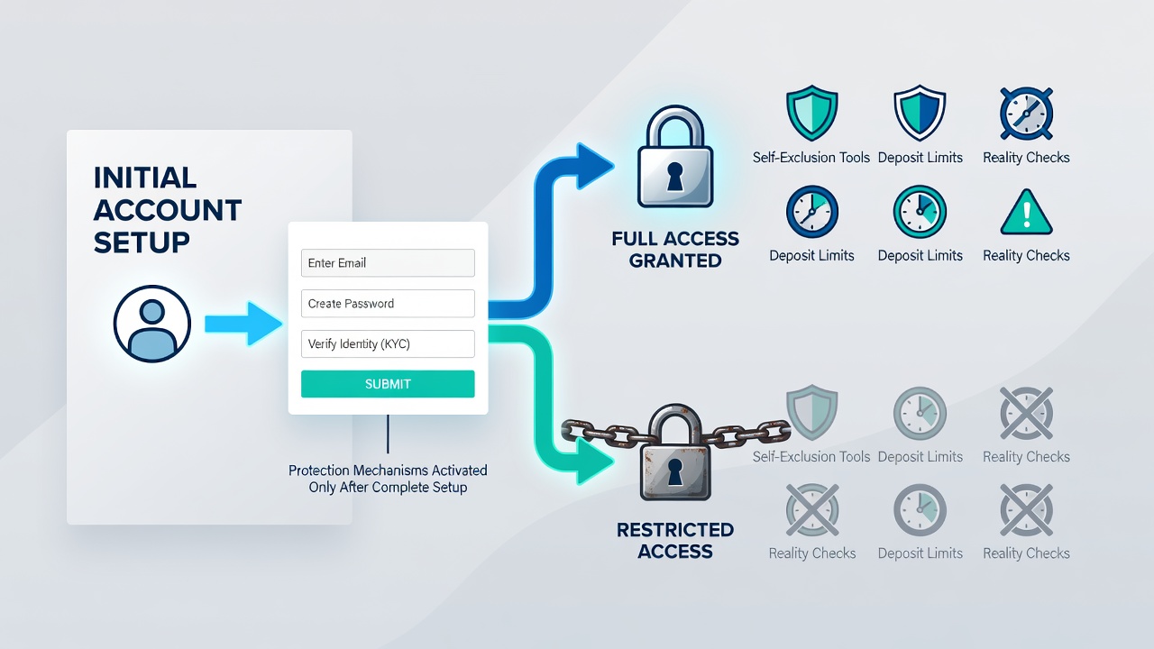 User dashboard displaying protection tools including self-exclusion toggles and deposit limit settings after account verification